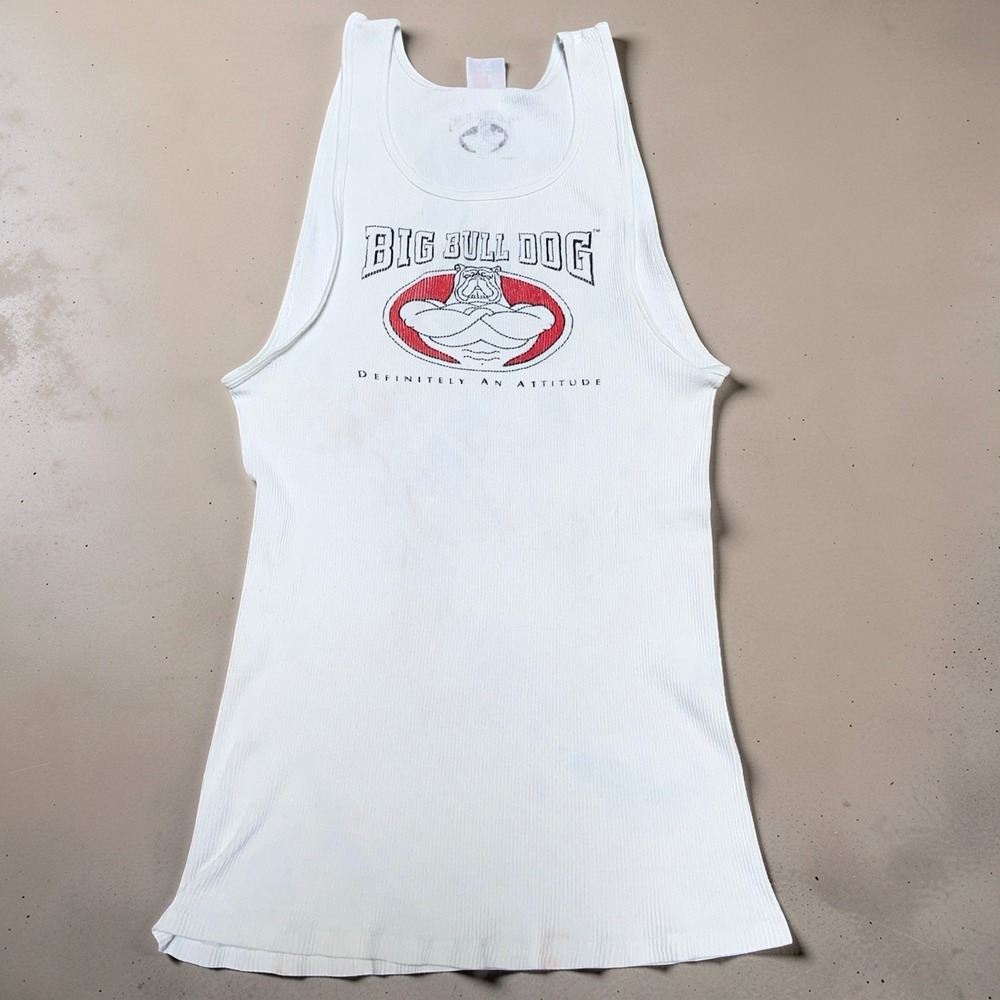Vintage Big Bull Dog Tank Top Mens XL White Graphic Hanes USA Made 90s Ribbed